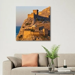 «Крым. Генуэзская крепость в Судаке» в интерьере современной светлой гостиной над диваном
