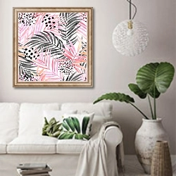«Акварельные розовые пальмовые листья» в интерьере светлой гостиной в скандинавском стиле над диваном