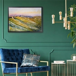 «Виноградники на закате, Австрия» в интерьере в классическом стиле с зеленой стеной