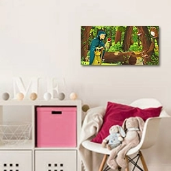 «cartoon scene with happy old woman witch sorceress in the forest encountering pair of owls flying - illustration for children» в интерьере детской комнаты для девочки с розовыми деталями