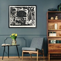 «Болото» в интерьере гостиной в стиле ретро в серых тонах