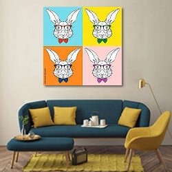 «Портрет кролика в галстуке и в очках» в интерьере гостиной в стиле поп-арт с желтыми деталями