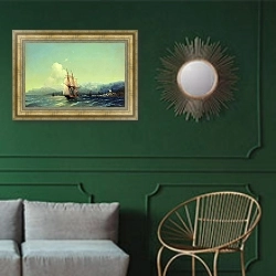 «Крым 2» в интерьере классической гостиной с зеленой стеной над диваном