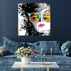 «Дама в очках» в интерьере современной гостиной в синем цвете
