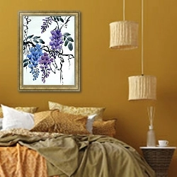 «Ветки цветущей глицинии» в интерьере спальни  в этническом стиле в желтых тонах