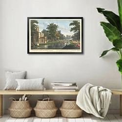 «Вид на заднюю часть Кассины и часть реки Серпентайн, заканчивающуюся каскадом в саду графа Берлингтона в Чизвике.» в интерьере комнаты в стиле ретро с плетеными корзинами