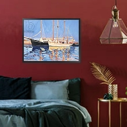«Moored Sailing Ships, Skagen, Denmark, 1999» в интерьере спальни с акцентной стеной