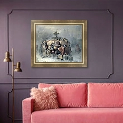 «Очередные у бассейна. 1865» в интерьере гостиной с розовым диваном