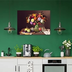 «Осенний натюрморт с астрами и фруктами» в интерьере кухни с зелеными стенами