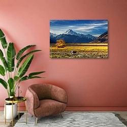 «Корова у горы Кука, Кентербери, Новая Зеландия» в интерьере современной гостиной в розовых тонах