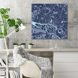 «План города Гамбург, Германия, в синем цвете» в интерьере кабинета в скандинавском стиле с бетонной стеной