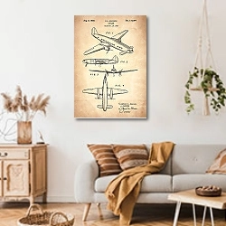 «Патент на самолет, 1939г» в интерьере гостиной в стиле ретро над диваном