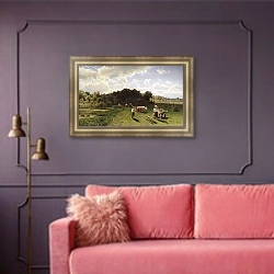 «Сенокос. 1887» в интерьере гостиной с розовым диваном