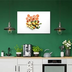 «Сочные цитрусы» в интерьере кухни с зелеными стенами