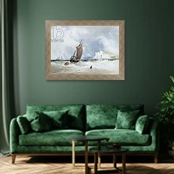 «The Pilot Boat off Fecamp, Normandy» в интерьере зеленой гостиной над диваном