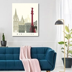 «Барселона: Величие Готики и Монумент Колумба» в интерьере современной гостиной над синим диваном