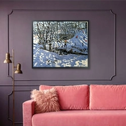 «Winter Stream, Derbyshire» в интерьере гостиной с розовым диваном
