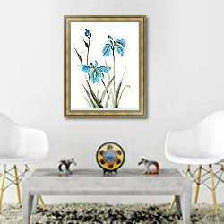 «bright flower of blue iris on a light background» в интерьере гостиной в этническом стиле над столом