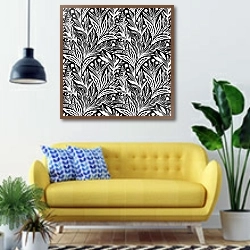 «Пальмовые листья на черном» в интерьере современной гостиной с желтым диваном