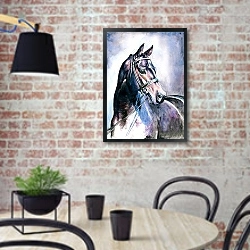 «Черный конь, акварель» в интерьере кухни в стиле лофт с кирпичной стеной