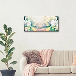 «Панорама с двумя цветущими ветками вишни» в интерьере современной светлой гостиной над диваном