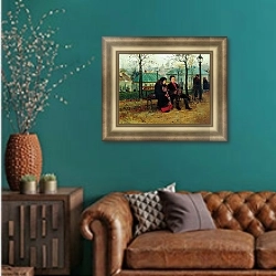«На бульваре. 1886-1887» в интерьере гостиной с зеленой стеной над диваном