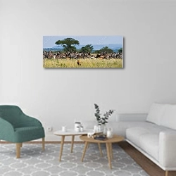 «Гепард охотится на стадо зебр. Национальный парк Серенгети, Танзания» в интерьере современной гостиной в светлых тонах