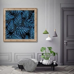 «Синие тропические листья на черном фоне» в интерьере коридора в классическом стиле