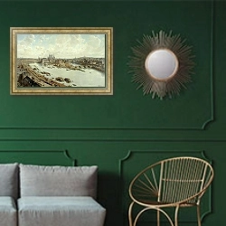 «Панорамный вид на Париж 1588 года с крыш Лувра со строящегося Пон-Неф» в интерьере классической гостиной с зеленой стеной над диваном