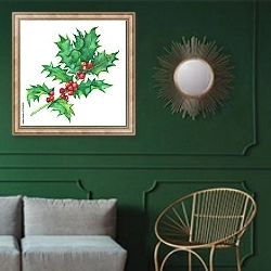 «Холли-ветка с листьями и ягодами» в интерьере классической гостиной с зеленой стеной над диваном