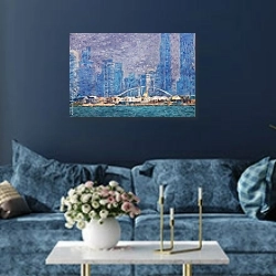 «Современная панорама города с арочными мостом» в интерьере современной гостиной в синем цвете