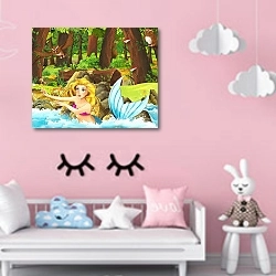 «cartoon scene with happy young mermaid girl in the forest encountering pair of owls flying - illustration for children» в интерьере детской комнаты для девочки в розовых тонах