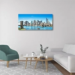 «США, Нью-Йорк. Вид на город в безоблачный день» в интерьере современной гостиной в светлых тонах