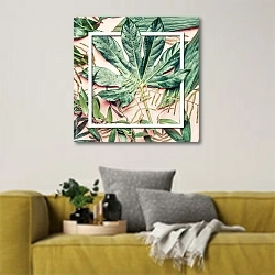 «Зеленые тропические листья с белой рамкой» в интерьере в скандинавском стиле с желтым диваном