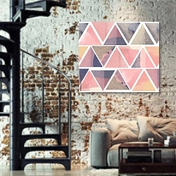 «Акварельные розовые треугольники » в интерьере двухярусной гостиной в стиле лофт с кирпичной стеной