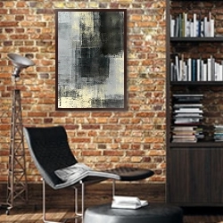 «Чёрно-серая абстракция» в интерьере кабинета в стиле лофт с кирпичными стенами