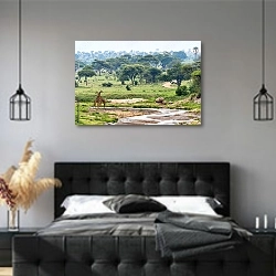 «Жирафы в саванне, Танзания 2» в интерьере современной спальни с черной кроватью