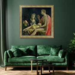 «Virgil 70-19 BC) Reading the 'Aeneid' to Livia, Octavia and Augustus, 1819» в интерьере зеленой гостиной над диваном