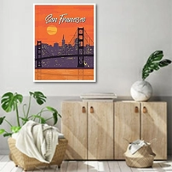 «Сан-Франциско: Закат над Золотыми Воротами» в интерьере современной комнаты над комодом