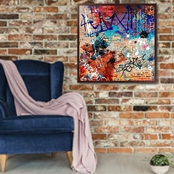 «Абстракция. Граффити» в интерьере в стиле лофт с кирпичной стеной и синим креслом