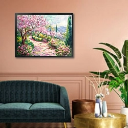 «Magnolia garden with the Alps view» в интерьере классической гостиной над диваном
