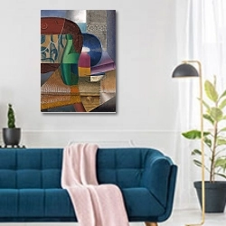 «Натюрморт с бутылкой и чашкой» в интерьере современной гостиной над синим диваном