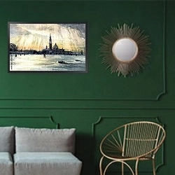 «Закат в Венеции, акварель» в интерьере классической гостиной с зеленой стеной над диваном