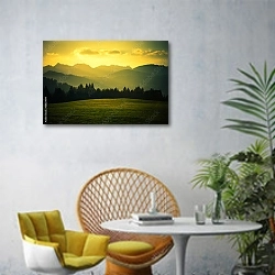 «Зелёное поле на фоне леса и гор» в интерьере современной гостиной с желтым креслом