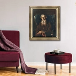 «Портрет писателя Владимира Ивановича Даля. 1872» в интерьере гостиной в бордовых тонах