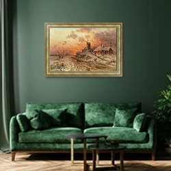 «Возвращение домой на закате» в интерьере зеленой гостиной над диваном