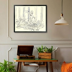 «Одуванчик у садовой ограды» в интерьере комнаты в стиле ретро с проигрывателем виниловых пластинок