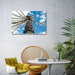 «Непал. Флаги на буддистском храме» в интерьере современной гостиной с желтым креслом