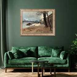 «Набережная возле моста Святых Отцов» в интерьере зеленой гостиной над диваном