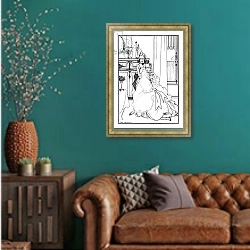 «The Coiffing, from the poem 'The Ballad of a Barber', in 'The Savoy', 1896» в интерьере гостиной с зеленой стеной над диваном